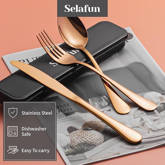 4-pieces Travel Set with Case Portable Silverware Utensils Set for work, Stainless Steel Reusable Flatware Set Cutlery Set for Camping Picnic Hiking Office (8inch, Rose Gold)