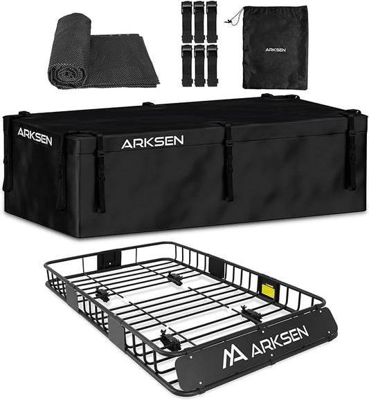 ARKSEN 64" x 39" x 6" Roof Rack Basket with Extension & Waterproof Cargo Bag, 150 lb Heavy-Duty Steel Cargo Carrier, Fits Crossbars up to 1.38" Thick, for SUV & Pickup Truck