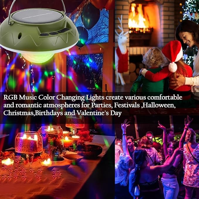 1 Pack Solar Camping Lantern with DJ Disco Ball, RGB Color Changing LED Tent Light, Music Sync Strobe Party Lights, USB Rechargeable Portable Hanging Lamp, Waterproof for Outdoor Christmas Decor Gifts