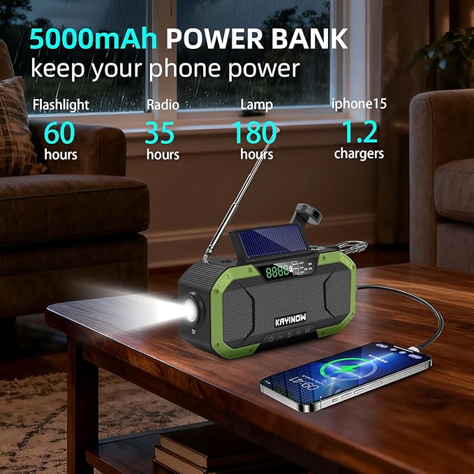 Hand Crank Emergency Radio,Portable AM FM NOAA Weather Radio,Solar Power,18500mWh/5000mAh Battery Operated,USB Charging Flashlight,Waterproof,SOS for Camping,Power Outage,Survival Storm