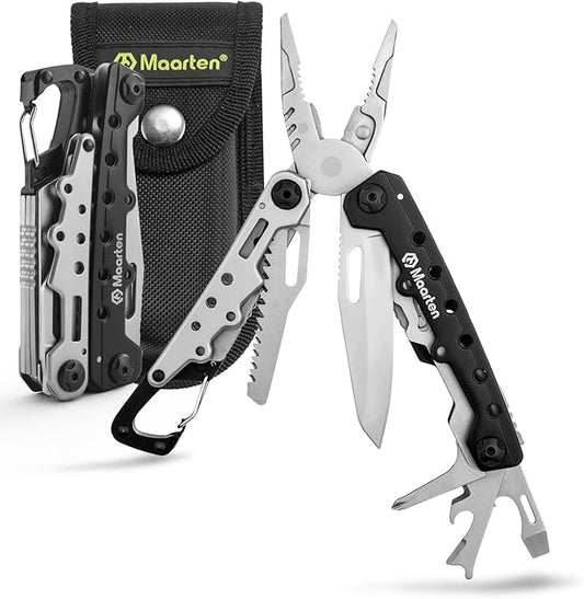 Maarten Lightweight Multitool Pliers, 11 in 1 Suspension Multi-Plier with Carabiner, Stainless Steel Portable Pocket Keychain Multi tool with Spring Pliers, Folding Saw, Bottle Opener and Sheath