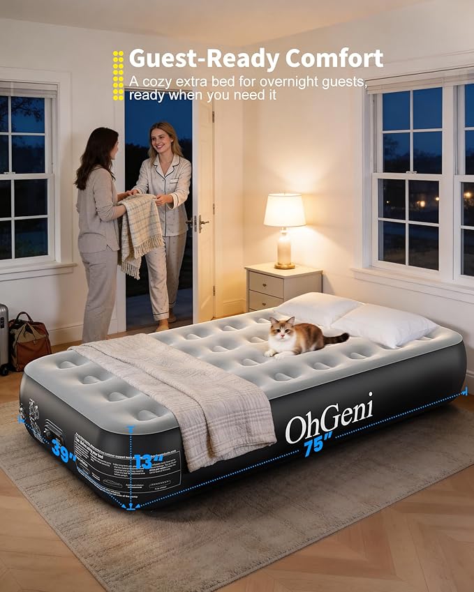 OhGeni Twin Air Mattress with Built in Pump, Camping Air Mattress with External Valve, Family Choice Award Winner, 13" Inflatable Blow up Bed, Portable Foldable Airbed for Home & Outdoor, 300lbs