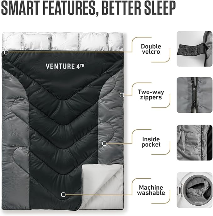 VENTURE 4TH Backpacking Sleeping Bag – XXL, Double and Single Sizes - Lightweight Warm & Cold Weather Sleeping Bags for Adults, Kids & Couples – Ideal for Hiking, Camping & Outdoor Adventures