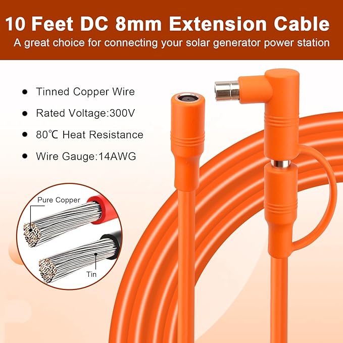 MOOKEERF 14AWG DC 8mm Extension Cable for Solar Panel 10FT,DC7909 Solar Panel Cable Female to Male with DC8020 Male Adapter Compatible with Aker,GZ Yeti,BLUETT,Jackery Portable Power Station - 10 Foot
