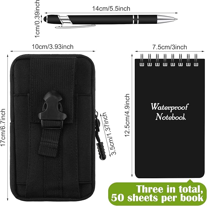 Eaasty Waterproof Notebook and Pen Set 3 x 5 Inch Pocket Tactical Notebook with 1 Metal Weatherproof Pen and 1 Fabric Cover for Outdoor Activities Recording(Black,5 Pcs)