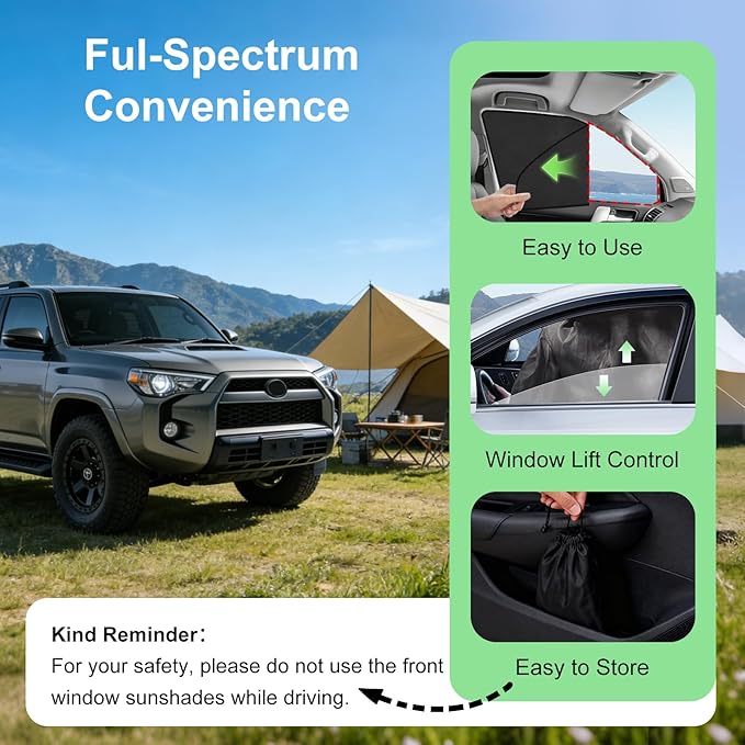 Side Window Sunshades for 2017-2024 Toyota 4Runner, Suede Fabric Window Covers for Privacy Car, Custom Fit Without Steel Rings, UV & Heat Protection Magnetic Installation (4 Pack)