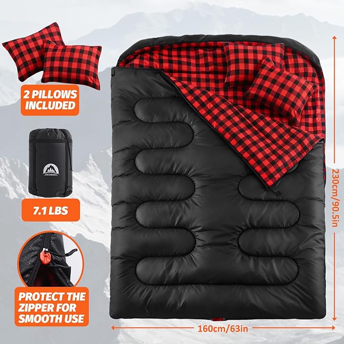 Swtmerry Double Sleeping Bag for Adults with 2 Pillows, Big & Tall Queen Size XL Sleeping Bag for 2 Person, Waterproof & Lightweight Warm for 3 Seasons, Cold Weather,Camping, Hiking & Backpacking