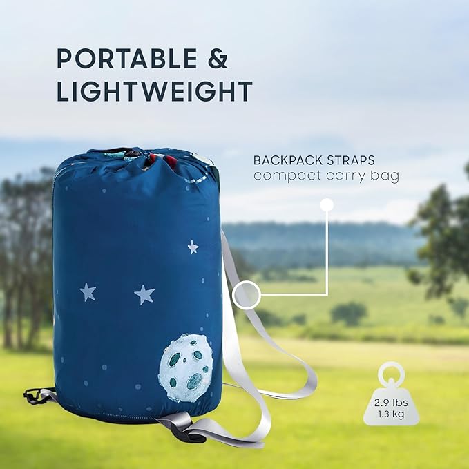 Wake In Cloud - Kids Sleeping Bag for Boys Toddlers, Camping in Warm Cold Weather, Backpacking Lightweight Compact Outdoor Liner for 3 Seasons Summer Spring Fall, Space Rocket Blue