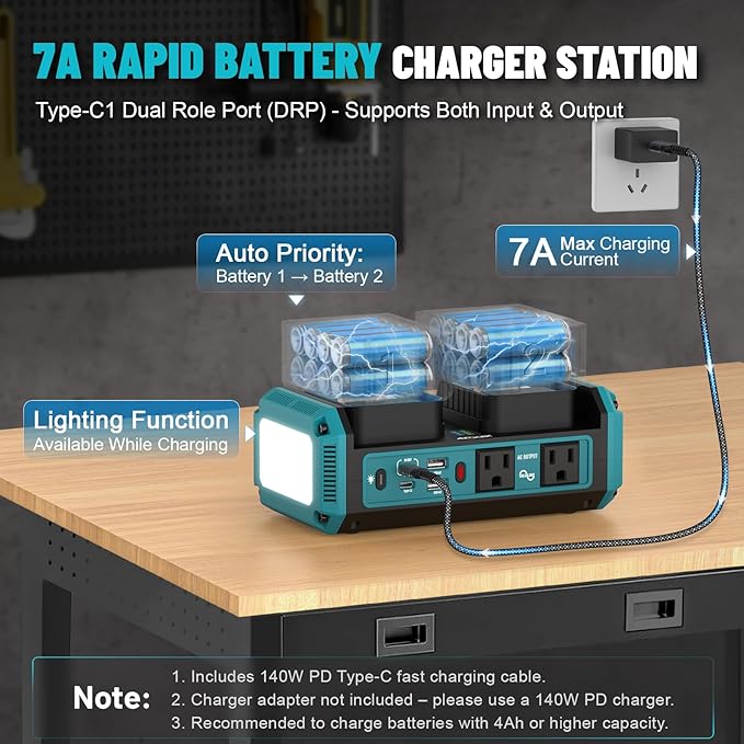 Azocek 350W Power Inverter Pure Sine Wave Compatible with Makita 18V Battery (No Battery), 7A Fast Charger, Portable Power Station with 2 AC Outlets, 2 Type-C (140W/65W), 2 QC USB Ports, 600LM LED