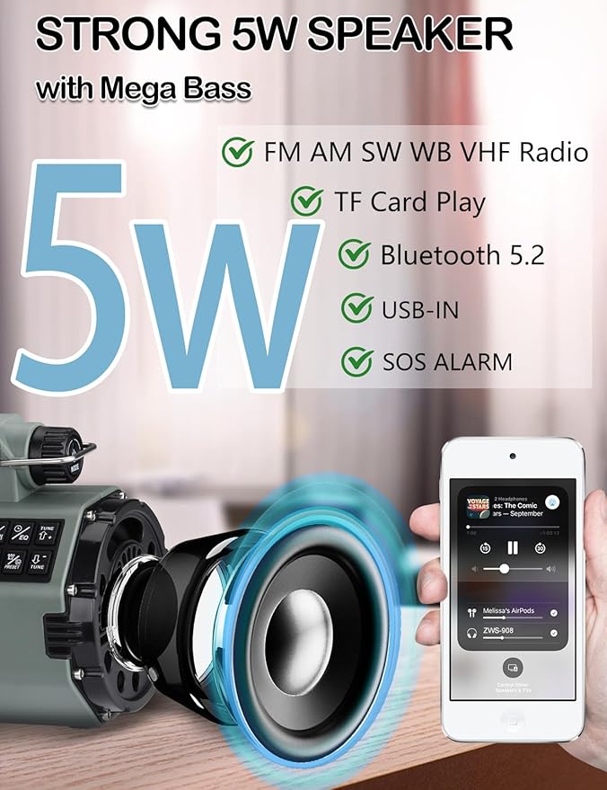 ZHIWHIS Emergency Radio with Bluetooth, Multi-Function Portable Radios with LCD VA Display, FM/MW/SW/VHF/WB Receiver with Alerts, Hand Crank/Solar/USB Charging, 5000mAh for Emergencies ZWS-908(Green)