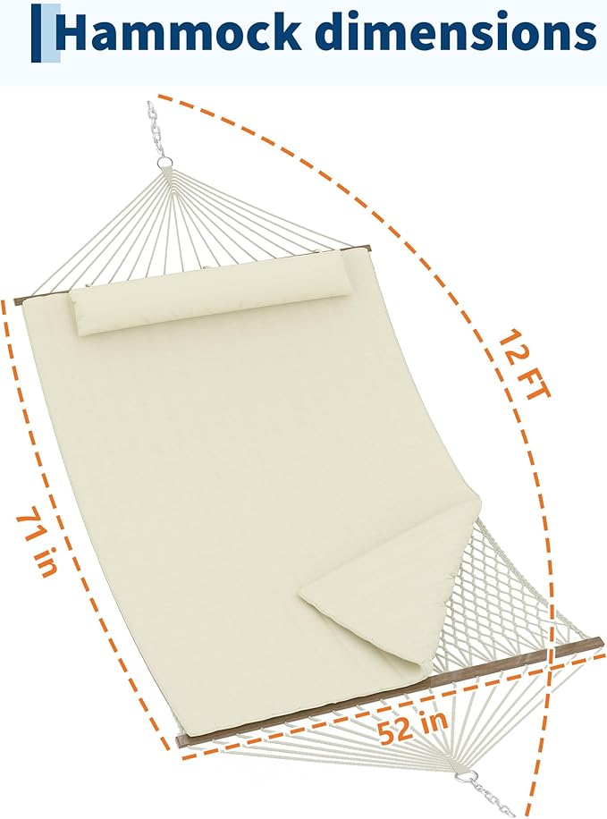 2 Person 12FT Hammocks for Outside, Double Quilted Fabric Outdoor Hammock with Spreader Bar, Large Removable Pillow, Storage Pockets, Carabiners, Max 450 Lbs Capacity