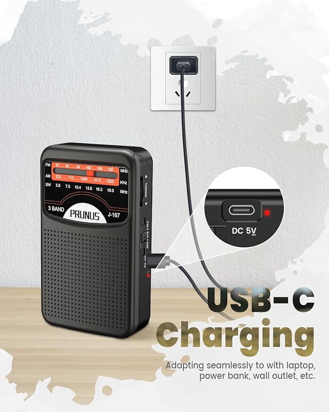 PRUNUS Portable Radio AM FM with USB Charging, Earphone Jack, Handheld Radios, Excellent Reception, Knob Easy to use, Tansistor Radio, J-167