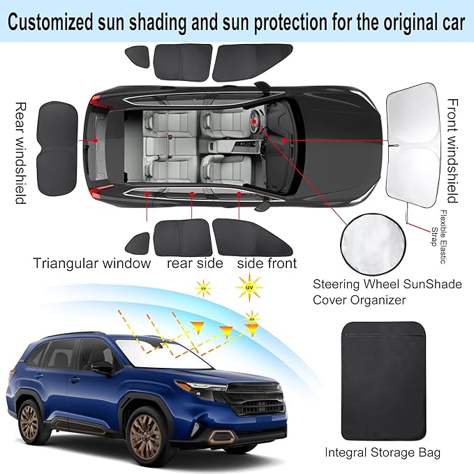 8PCS Windshield Sun Shade Custom Fit for 2025 Subaru Forester Accessories Foldable Sunshade Side Rear Window Shade Cover Full Set Privacy Protection Keeps Car Cool
