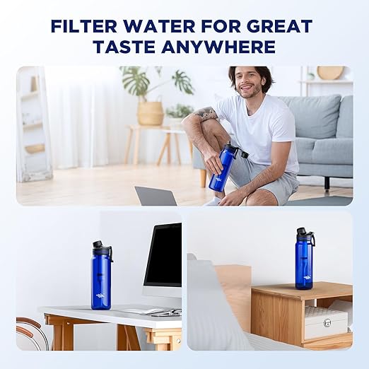 Filtered Water Bottle, Membrane Solutions C3 Water Bottle Filter with Replaceable ACFX2 Filter Cartridge, Portable Water Filter 36oz BPA-Free for Travel, Hiking & Camping Drinking use(Blue)