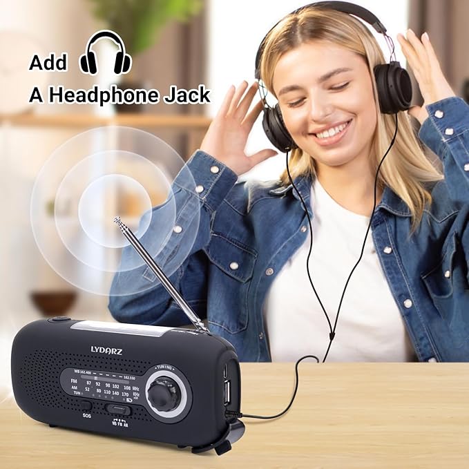 Emergency Crank Weather Radio, Solar Hand Crank Portable AM/FM/NOAA, 3 Mode Flashlight, SOS for Home and Outdoor (Black)