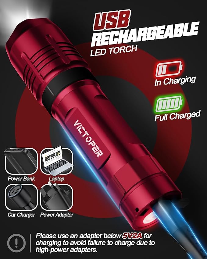 Victoper Red Rechargeabe Flashlight 2 Pack, High Lumens 5 Modes LED Bright Tactical Flashlights, Waterproof Zoomable Flash Light for Outdoor, Gifts for Camping Essentials Gear