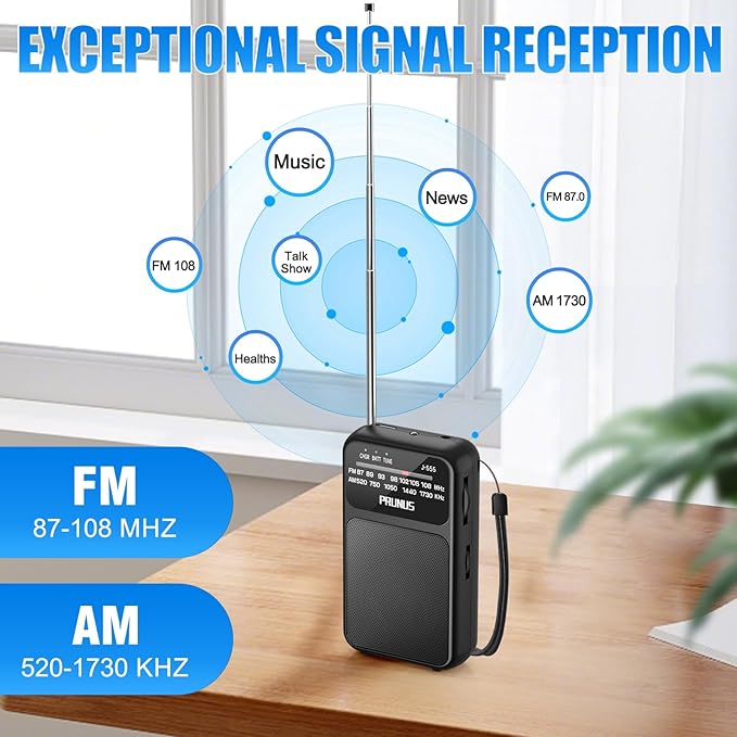 PRUNUS J-555 Pocket Radio AM FM USB-C Charging& Battery Operated, Excellent Reception& Clear Speaker and Headphone Jack, Back Clip, Flashlight, Transistor Radios, Portable Radios AM FM, Mini Radio