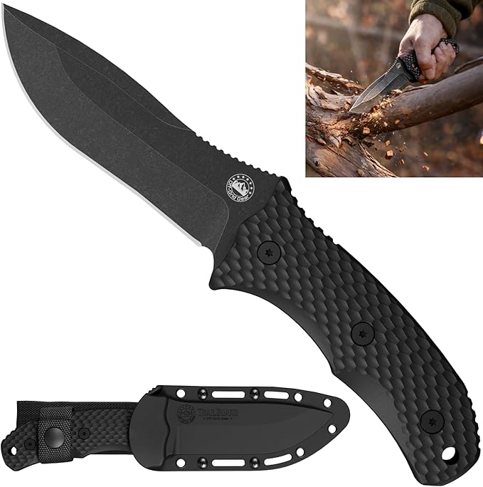 Off-Grid Gear TRAILGUARD Camping & Tactical Fixed Blade Knife, Stainless Steel Blade, Grippy FRN Scales, Sheath, Built For Campers, Preppers, Hunters, Fishermen, Survivalists, Handymen, Boaters, Bug Out Bag (Blackout)