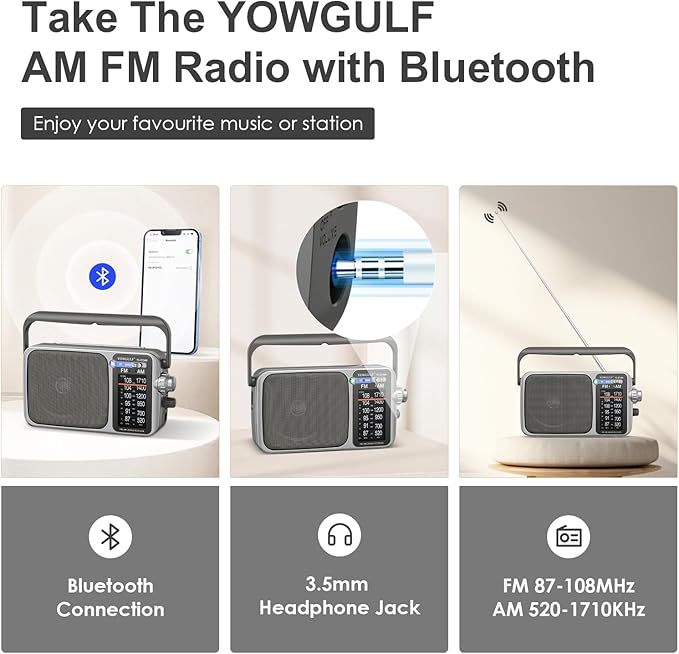 YOWGULF AM FM Radio with Best Reception,Bluetooth Portable AM FM Transistor,Battery Operated Radio or AC Power,Large Dial,Headphone Jack, Gifts for Seniors Elderly