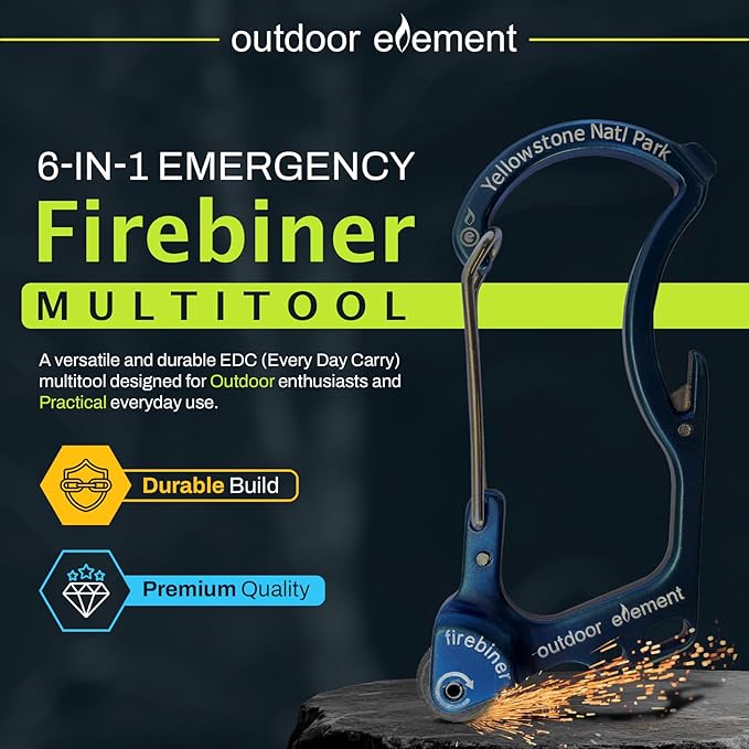 OUTDOOR ELEMENT Firebiner Custom Engraved 6-in-1 Fire Starter Carabiner Multitool – Survival Gear EDC Keychain with Utility Blade, Bottle Opener, Screwdriver, Emergency Tool