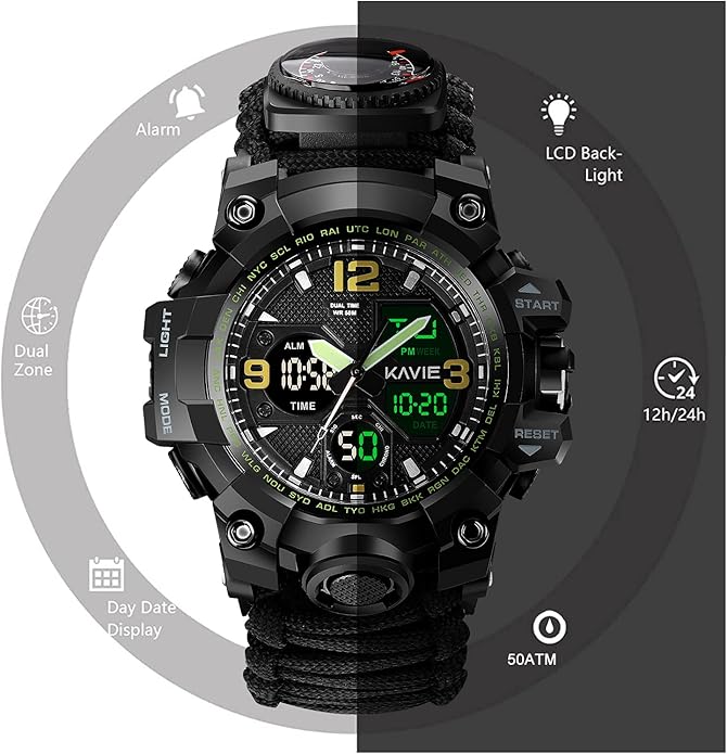 Mens Tactical Military Digital Watch, 23-in-1 Survival Multi-Functional Army Outdoors Waterproof Camouflage Sports Watches Dual Display Analog LED Electronic Wristwatches with Compass Paracord Band