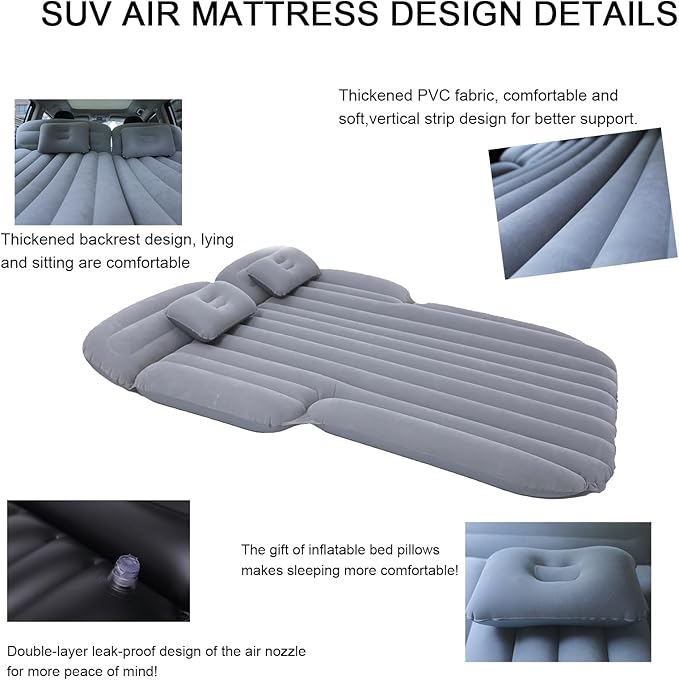 Onirii Inflatable SUV Air Mattress,Thickened Flocking Car Travel Camping Bed with 2 Pillows & Air Pump,Portable Car Sleeping Mattress for SUV Trunk and Rear