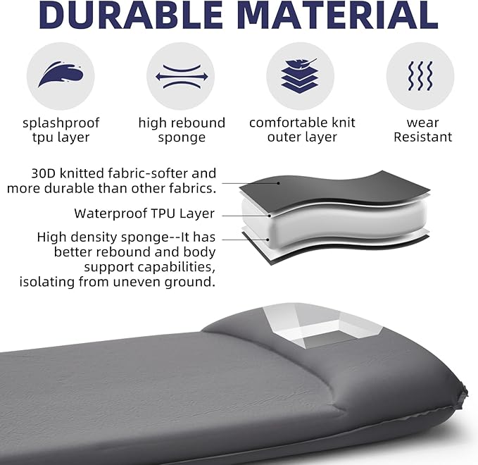 INVOKER Camping Sleeping Pad 3.15” Memory Foam Fast Self Inflating Insulated Durable Camping Mat Air Mattress with Pillow，for Tent, Traveling, Car, Camping, Grey