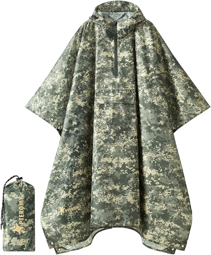 PTEROMY 3-in-1 Hooded Rain Poncho for Adult with Pocket, Waterproof Lightweight Unisex Raincoat for Hiking Camping Emergency