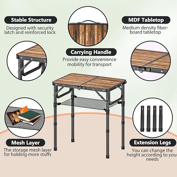 YihuiKo Folding Picnic Table with Storage Net, 3 Adjustable Heights Aluminum Small Folding Table, Lightweight, Portable Carrying Handle, for Camping Travel Outdoor