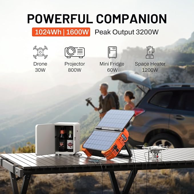 BROWEY 1600W (3200W Peak) Portable Power Station, 1024Wh LiFePO4 Battery with Built-in Solar Panel, 100W USB-C PD, Solar Generator for Camping, RV, Home Backup, Emergency