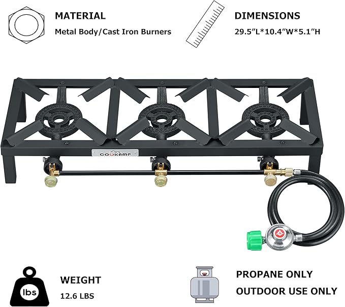 COOKAMP Propane Triple Burner Angle Iron Camp Stove with CSA Listed Regulator and 4ft Hose (SA3200)