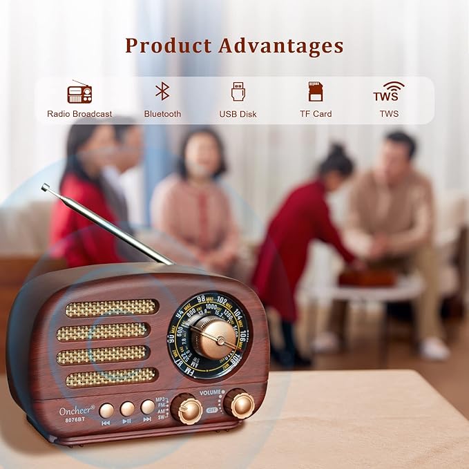 Oncheer Portable Vintage Radio Retro Bluetooth Speaker, FM/AM/SW Old Fashion Classic Style, Adjustable Antenna, Rechargeable Battery Powered & USB Charging, Support TF Card, USB Mp3 Playing Music