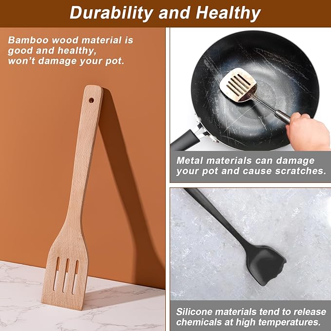 Eisinly Wooden Spoons for Cooking 7-Piece, Kitchen Nonstick Wood Cooking Utensils Set, Durability Wooden Spatula Spoon for Everyday Use, Light Yellow