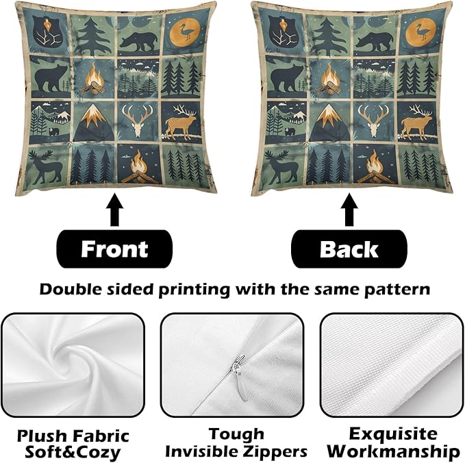 ITFRO Set of 2 Birthday Gift Nature Wildlife Bear Deer Forest Bonfire Pine Tree Short Plush Both Sides Square Retro Checkered Throw Pillow Cover Cushion Case Farmhouse Sofa Decor 18x18 Inches (Blue)