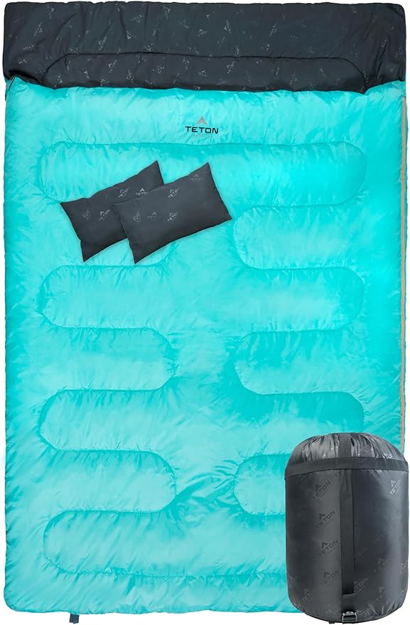 Teton Mammoth Queen Size Double Sleeping Bag- A Warm Bag The Whole Family can Enjoy – Great for Camping, Hunting and Base Camp. Compression Sack Included, 40F Teal