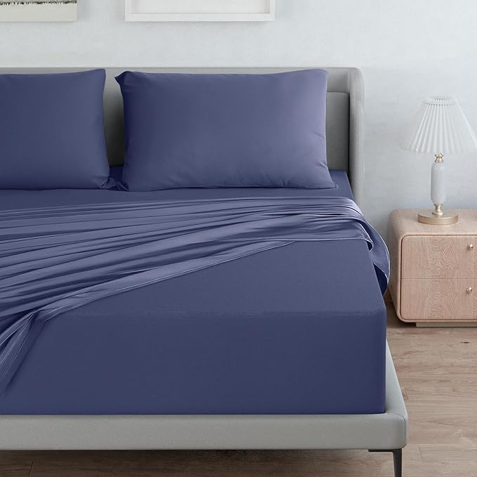 Moonsea Air Mattress Queen Sheet Set - Deep Pocket 4 Piece Queen Size Sheet Set - Breathable & Fade Resistant Easy Fits 16in to 24in Pillow Top Bed Mattress - Navy Blue