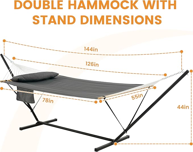 Lazy Daze Hammocks 2 Person Hammock with 12FT Stand for Outside, Quilted Double Hammock with Detachable Pillow, Balance Strap & Carrying Bag Included, 450lbs Capacity, Easy Tool-Free Assembly, Grey