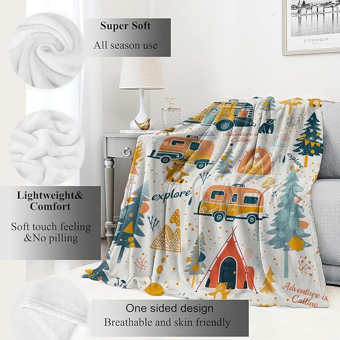 Adventure Camping Blanket Outdoor Camper Picnic Throw Blankets Gifts for Girls Adults Lightweight Soft Fleece Cozy for Sofa Couch Bed Room Travel Birthday Party Decor 40x50in