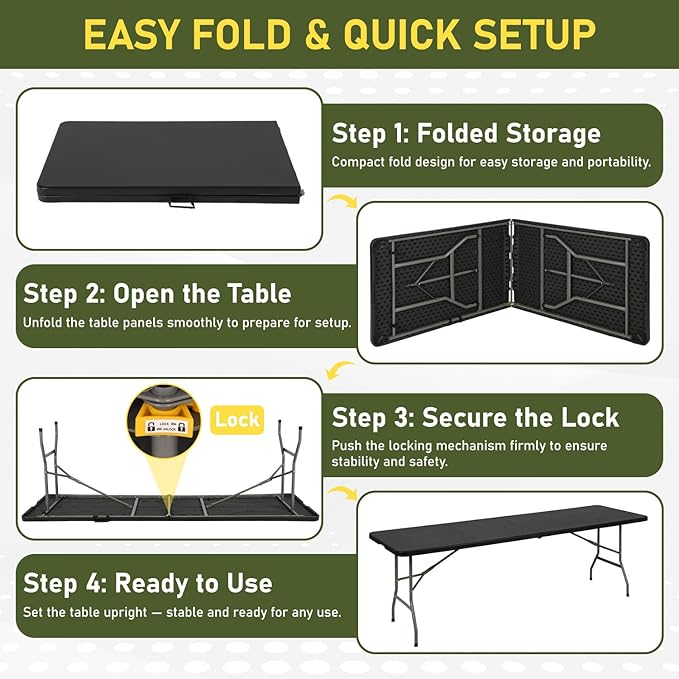 BestOffice 8 FT Picnic Table Plastic Camping Table Portable Square Height Folding Table Perfect for Picnics, Parties, Party and Camping, Black