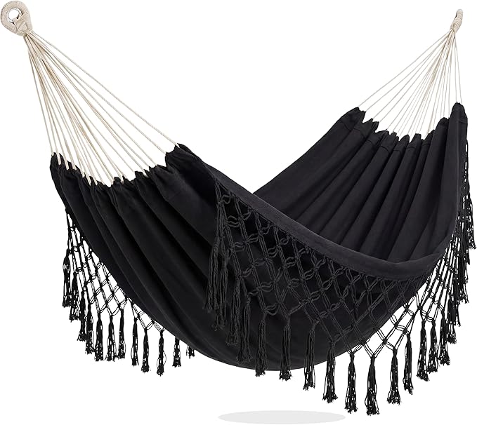 PNAEUT Double Hammocks for Outside, Replacement 2 Person Outdoor Tree Hammock for Indoor Patio Porch Garden (Tassel Black, Medium)
