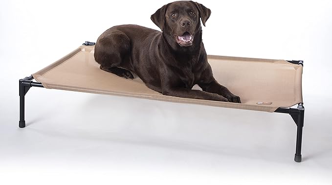 K&H Outdoor Elevated Dog Bed - Cooling Raised Dog Bed for Medium & Large Pets, Breathable Mesh Hammock Design, Indoor/Outdoor Washable Cover, Portable Metal Frame, Tan, Large 42x30in
