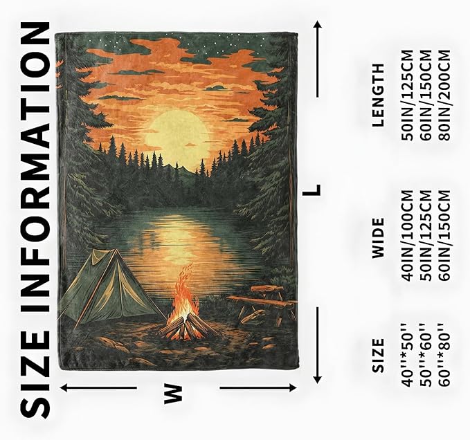 Camping Campfire Blanket, Cozy Flannel Serene Sunset Forest Scene Throw Blanket, Soft Fuzzy Blankets for Travel Decor, All Season Lightweight Couch Bed Cover, Gifts for Women Adults 60"×80"