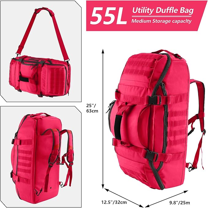 Hannibal Tactical 55L Large Duffle Bag, 3-in-1 Tactical Backpack MOLLE Pack for Sports, Gym, Outdoor, Red