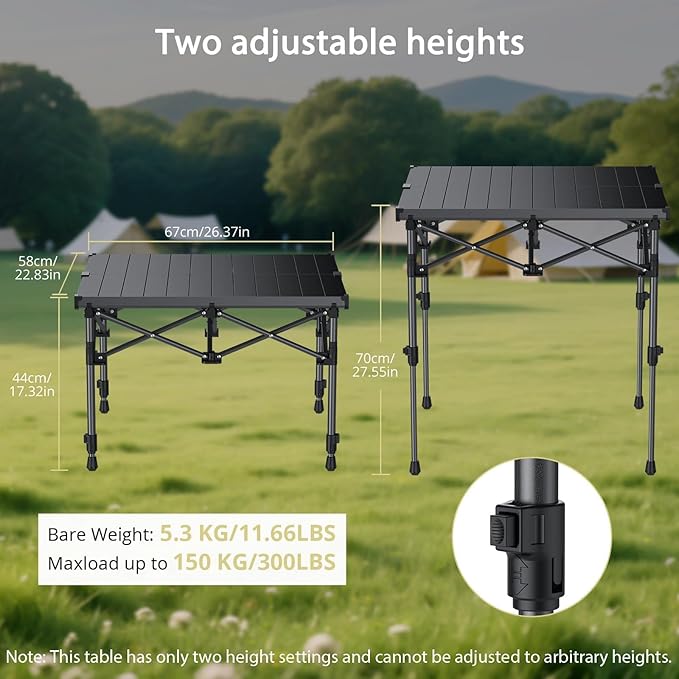 Anbte Camping Table Foldable, 2 Height Max 27.5" Aluminum Roll up Camping Table with Carry Bag & Heat-Resistant Tabletop, Lightweight, for Indoor Outdoor RV BBQ Picnic Patio Beach, 26" x 23", Black