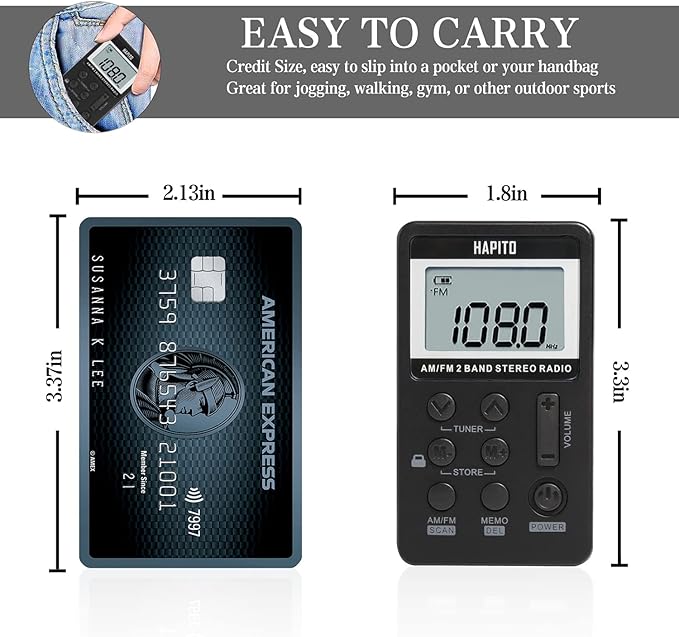 Pocket AM FM Radio Portable Digital Tuning Radio with Best Reception - Hapito Personal Small Transistor radios with Sterio Earphone, Rechargeable Battery and Lock Screen for Walk/Gym (Black)