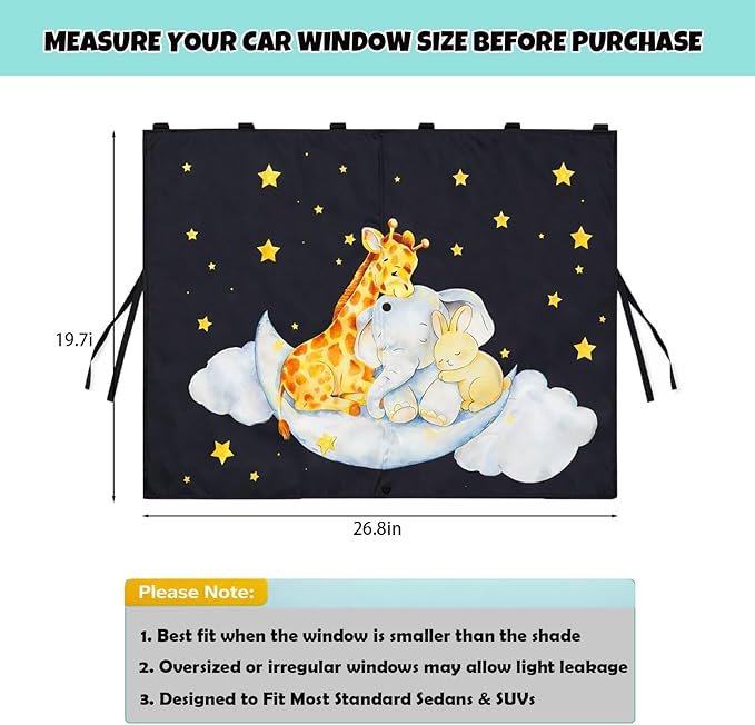 Car Window Shade for Baby, 2 Pack Double Layer with 7 Strong Magnets, Cute Giraffe & Star Design Baby Sun Shade for Car Window, Adjustable Blackout & See-Through Privacy Curtains UV Protection