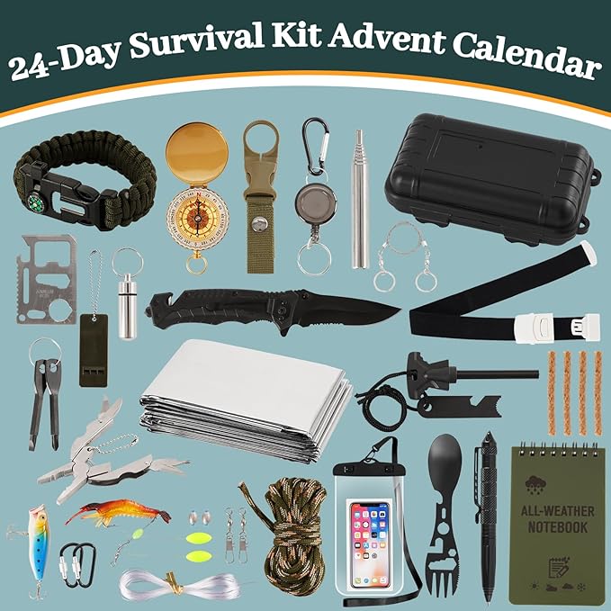 Survival Kit Advent Calendar for Men 2026, 24 Days Christmas Countdown Adventure tools for Camping Hunting Hiking, Emergency Survival Gears Xmas Gift for Adult Outdoor