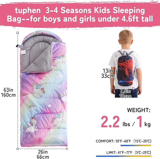 tuphen Kids Sleeping Bag - 50-77℉ 3-Season Waterproof Sleeping Bag for Boys & Girls, Lightweight 2.2 lbs Camping Gear with Compression Bag Ideal for Camping, Hiking, Indoor