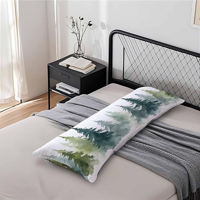 Couch Pillows Decorative Body Pillow Cover Watercolor Forest Fir Trees Rectangle Body Pillowcase for Men Women, Winter Body Pillow Covers 20" X 54" Cushion Cases for Sofa Bed, Green