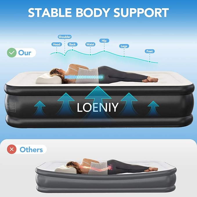 Twin Air Mattress with Built-in Pump, 18” High Inflatable Mattress with Storage Bag, 2 Mins Easy Inflation/Deflation Blow up Mattress, Flocked Top Inflatable Bed for Camping, Adults & Guests